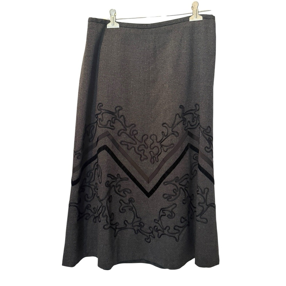 Charcoal Midi Skirt Velvet Applique Chevron Trim Dark Academia Boho Nordic